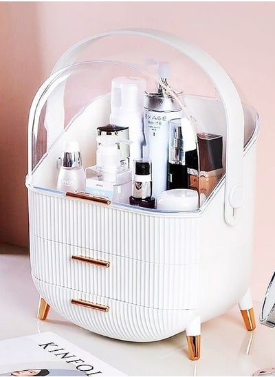 Buy Makeup Organizer Waterproof And Dustproof Large Cosmetics Storage Display Box With Lid And Drawers Suitable For Bathroom And Bedroom Vanity Dresser White Color in UAE