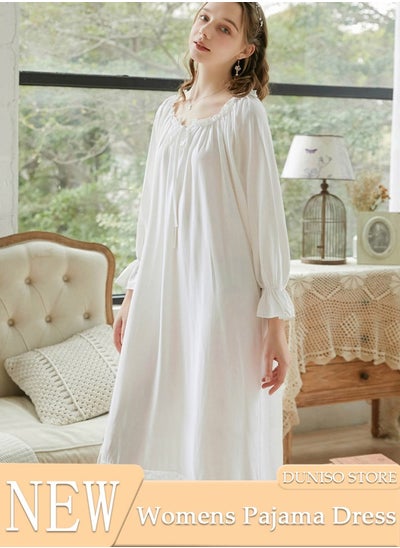 اشتري Women's Long Sleeve Nightgown Sweet Cotton Pajama Dress Sleepwear Girls Comfortable Round Neck Nightwear Summer Home Wear Lounge Dress في الامارات