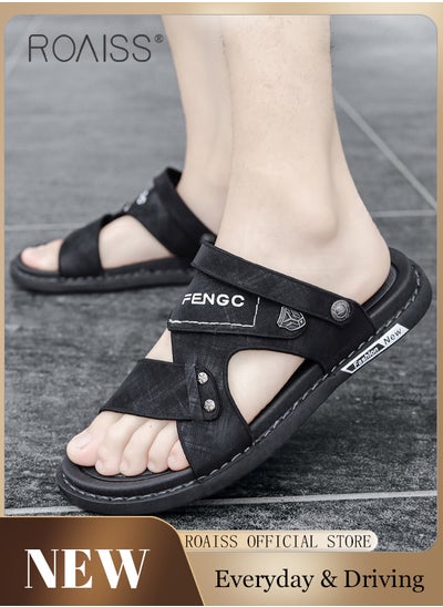 Buy Simple Open Toe Outdoor Sandals for Men Letter Pattern Cool Breathable Non-slip Beach Slippers Comfortable Wear-Resistant Shockproof Driving Flat Shoes with Elastic Soft Latex Sole in UAE