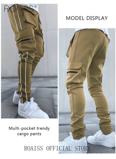 Buy Fashion Print Men Cargo Trousers  Multiple Pocket Design  Sports Trousers Reflective Tape Design  Velcro Feet Breathable Fabric  Solid Color in Saudi Arabia