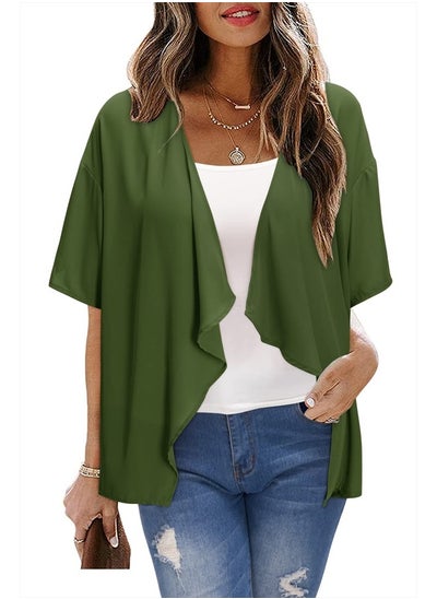 Buy Womens' 2023 Summer Kimono Cardigan Short Sleeve Sheer Shrug Chiffon Cover Up(Army,L) in UAE