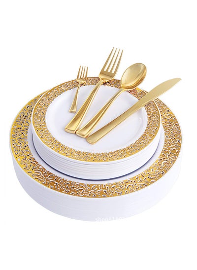 اشتري 150PCS Gold Plastic Plates With Disposable Plastic Silverware, Plastic Tableware Sets في الامارات