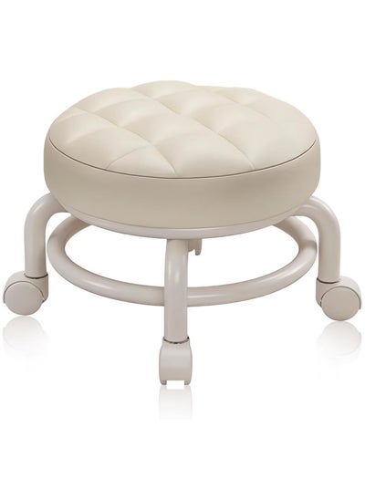 اشتري Round Rolling Low Stool- PU Leather Low Stool 360° More Comfortable Swivel with Thickened Sponge Cushion for Nail Salon, Pedicure, SPA and Home (Beige) في الامارات