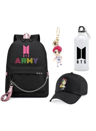 Buy BTS 4in1 Combo - Backpack - Cap - Keychain and Water Flask for True BTS Fans and Merchandise Gifts - Casual Shoulder Bag Travel with USB Charging Port For Girls in UAE