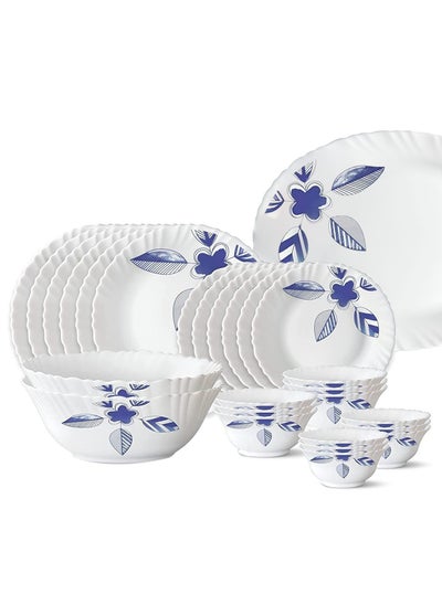 Buy 27-piece Opalware Dinner Set- Microwave & Dishwasher Safe- Morning Glory Dinnerware Set with Full Plate, Side Plate, Soup Bowl, Vegetable Bowl, Serving Bowl & Rice Plate- White in Saudi Arabia