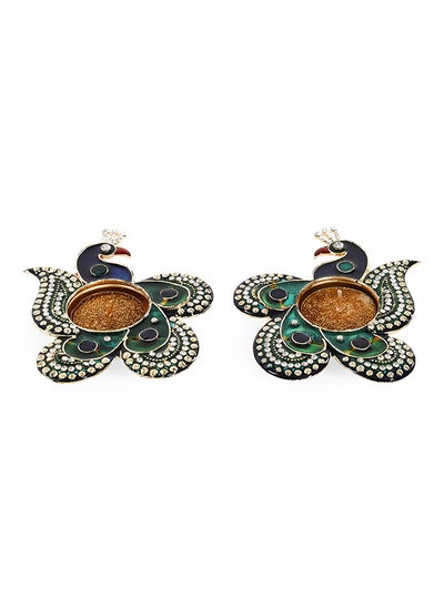 Buy 2-Piece Peacock Decorative Metal Diya Set with Tealight Candles, Multicolour in UAE