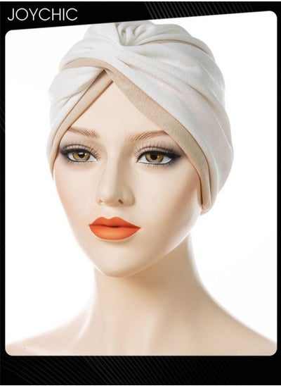 اشتري Muslim Hijab Instant Hijab for Women two-color Stitching Forehead Cross Turban Islamic  Fashion Cotton Head Cover for Women and Girls White+Beige في الامارات