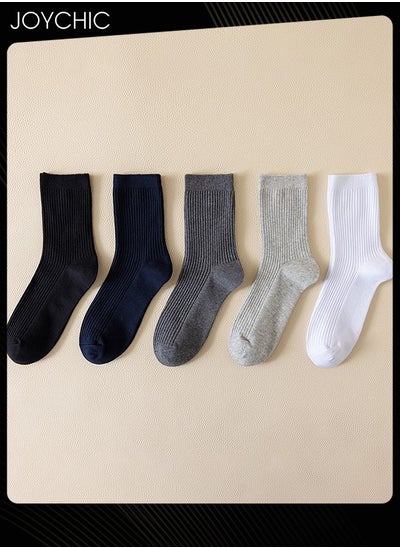 Buy Pair of 5 Men's Double-needle Mid-calf Socks Pure Cotton Breathable Sweat-absorbent Business Socks for All Seasons Autumn and Winter Multicolor in Saudi Arabia