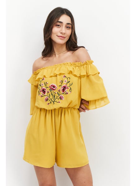 Buy Women Off Shoulder Embroidered Playsuit, Yellow Combo in UAE