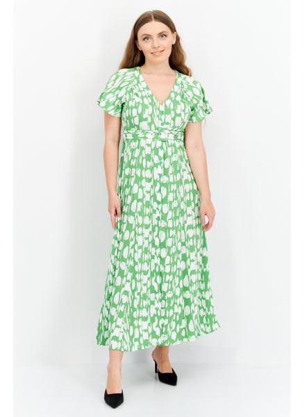 Buy Women Allover Print Belted Maxi Dress, Green/White in Saudi Arabia