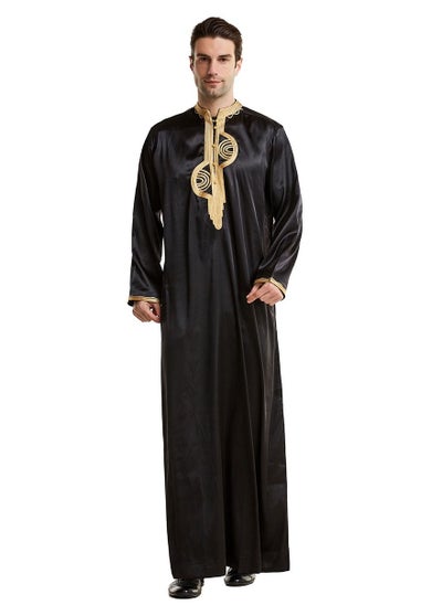 اشتري Mens Stand Collar Embroidery Long Sleeve Kaftan Robe With Pockets And Button Islamic Arabic Abaya Black في السعودية