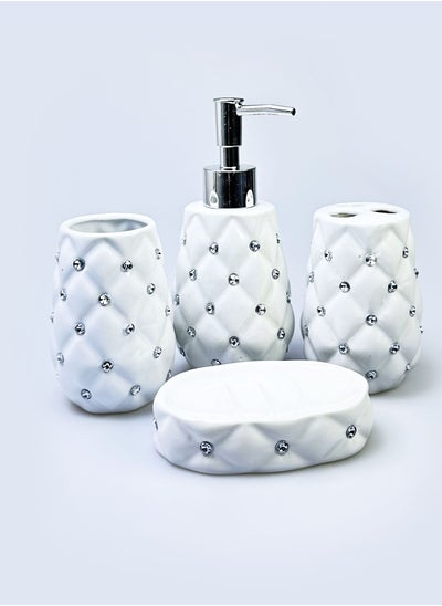 Buy 4 Pieces Bathroom Accessories Set Toothbrush Cup & Holder Lotion Liquid Soap Dispenser & White Marble in UAE