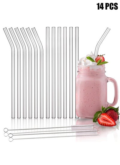 Buy 14 Pack Reusable Glass Straws and Brushs, Set of 6 Straight and 6 Bent, Clear Glass Drinking Straw with 2 Cleaning Brushes Perfect for Juice, Smoothies in UAE