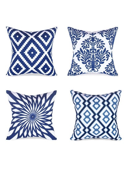 Buy 4-pieceThrow Pillow case Set , with Blue and White Porcelain Embroidery Geometric Design Sofa Pillow cover Suitable for Home and Office in Saudi Arabia