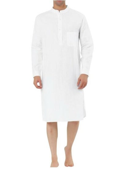 اشتري Men's Muslim Stand Collar Robe Thobe Solid Color Long Sleeve Kaftan Casual Shirt White في السعودية