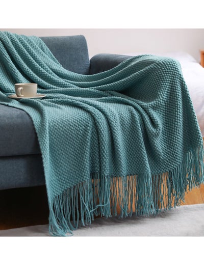 Buy Tassel Design Knitted Textured Soft Throw Blanket Keep Warm Bluish Green in UAE