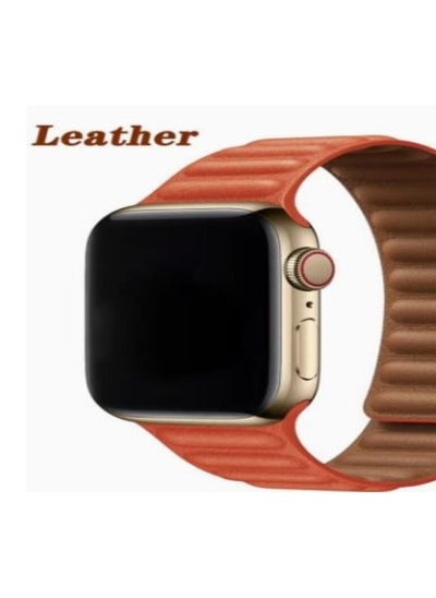 Buy Replacement Band 42/44/45/49mm Genuine Leather Link Magnetic Loop Strap For Apple Watch Series 1/2/3/4/5/6/SE/7 Orange in Egypt