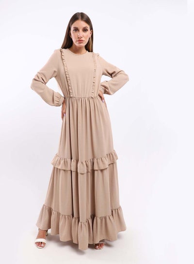 اشتري Plain Long Tiered Beige Dress With Long Sleeves With Chest Ruffles في مصر