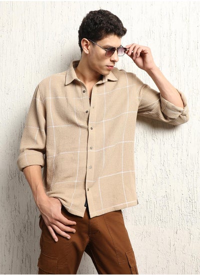 Buy Oversized Cotton Casual Check Waffel Double Pocket Full Sleeve Shirt in UAE