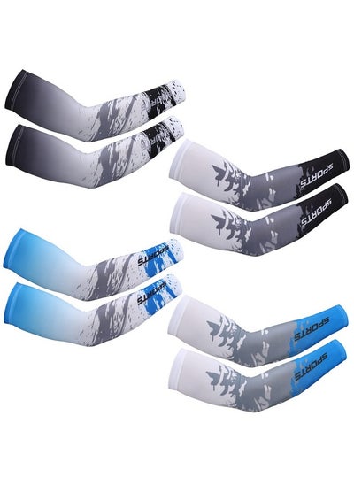 اشتري 4 Pairs Uv Sun Protection Arm Sleeves Cooling Sports Sleeve Anti Slip Ice Silk Arm Warmers Arm Covers For Men Women (Blue Black Stylish,Xlarge) في الامارات