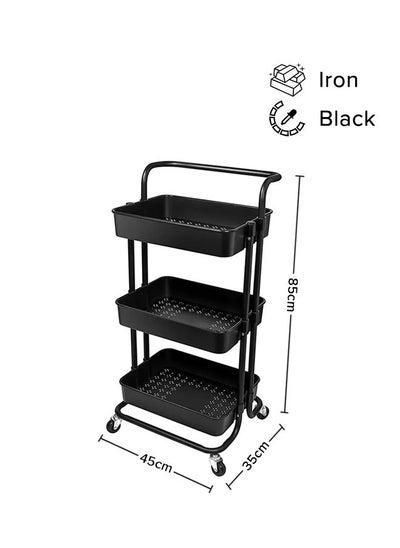 Buy 3-Tier Rolling Shelves Metal Cart Organizer Black 85x45x35cm in Saudi Arabia