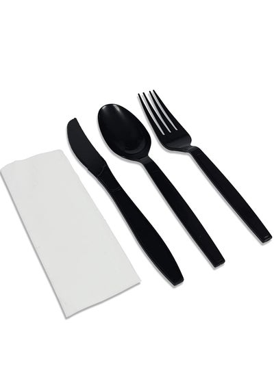 اشتري [50 Pack] Black Plastic Cutlery Set with Napkin Knife Fork Spoon Napkin Set Disposable Cutlery Set في الامارات