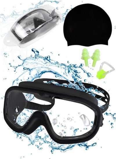 Buy Large Frame Clear Swim Goggles with Swimming Cap, Earplugs, and Nose Clip - Leak-Proof UV Anti Fog Swimwear Eyewear - Unisex Men Women in UAE