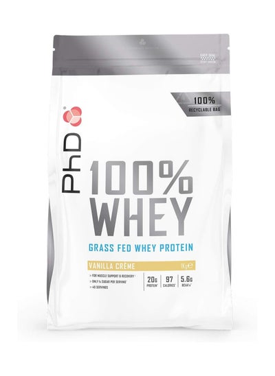 Buy 100 Percent Whey, for Muscles Mass Support, Vanilla Creme Flavour, 1kg with 1.6g fat and 1.4g sugar, 20g protein, 101 kcal, 40 servings in UAE