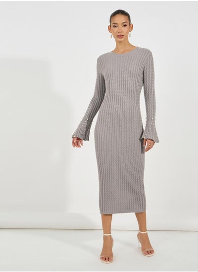 Buy Embellished Bell Sleeves Cable Knit Sweater Midi Dress in Saudi Arabia