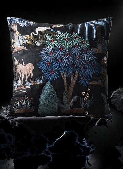 Buy Flora Fauna Cushion Cover with Birds Deers & Stylized Nature| Fully Embroidered  Throw Pillow Cover| 100% Linen Ground with Woven Linen Back Fabric| Suitable To Be Used Both Sides for Luxury Bedrooms  Livingrooms Patios Rooftops Indoor Gardens Sofas| 60cm x 60cm| Zip closure in UAE