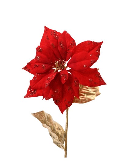 اشتري Kaemingk Poinsettia On Stem Polyester Velvet Gold Leaves Red في الامارات