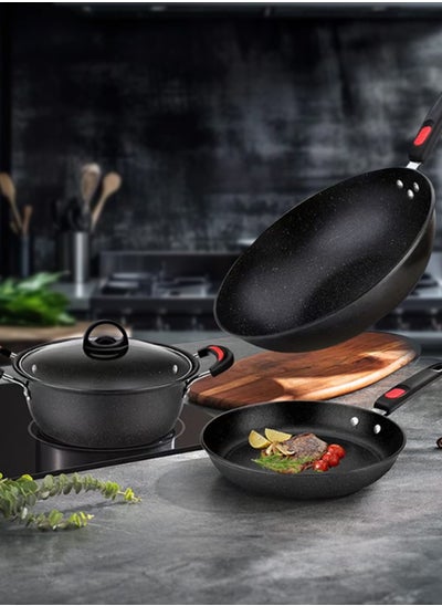 Buy 3 - Piece Non - Stick Pot Set Frying Pan Saute Pan Soup Pot & Casserole with Lid Saucepan with Lid - Ideal for Kitchen and Camping Black in Saudi Arabia