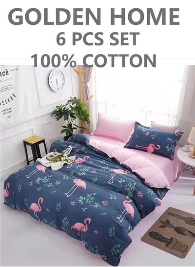 اشتري 6-Piece Single Size Cotton Printed Combination Duvet Cover Set Includes 1xFitted Bedsheet 120x200+30cm, 1xDuvet/Bed Cover 160x210 cm, 2xPillowcase 55x80cm, 2xCushion Case 45x70cm Multicolour في الامارات