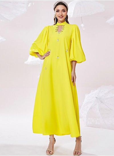 Buy Hand-Stitched Diamond Dress Abaya Yellow in Saudi Arabia