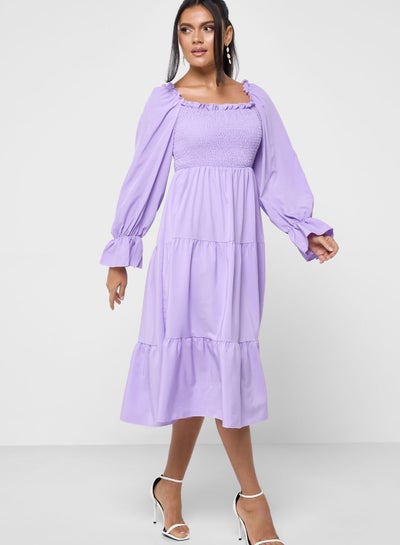 Buy Puff Sleeve Shirred Detail Dress in Saudi Arabia