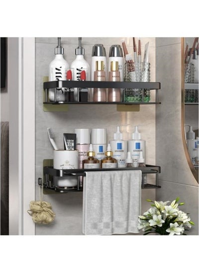 Buy 2-Piece No Drilling Stainless Steel Bathroom Shower Shelf Floating Shelves with Hooks Black in UAE