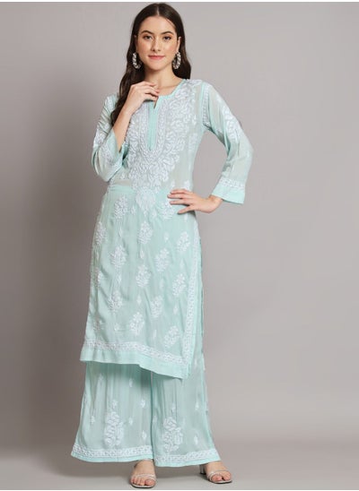 Buy Hand Embroidered Chikan Modal Straight Kurta Palazzos AL3668 in UAE