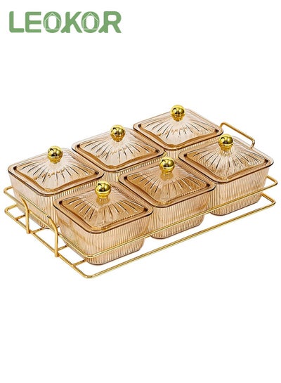 Buy Snack Serving Tray with Lid, 6 Plastic Clear Candy and Nut Serving Container set with Metal Rack in Saudi Arabia