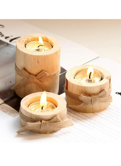 Buy 3 Piece Rustic Wooden Tea Light Cylindrical Candlestick Holders with Bowknot & Succulent Pot–Decorative Table Centerpieces for Wedding Party Birthday Holiday & Home Decoration in UAE