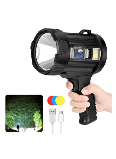 Buy Rechargeable Spotlight, 100000 Lumens Handheld Hunting Flashlight Led Spot Light with Cob Light and Solar Panels, 6 Modes IPX6 Waterproof Bright Spotlight for Boating,Camping,Fishing in Saudi Arabia