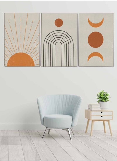 Buy Set Of 3 Framed Canvas Wall Arts Stretched Over Wooden Frame Sun Moon Crescent Moon Abstract Paintings For Home Living Room Office Decor in Saudi Arabia