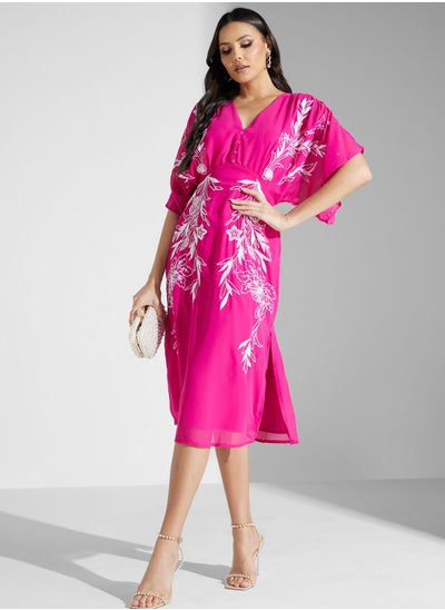 Buy Embroidered Flutter Sleeve Dress in UAE