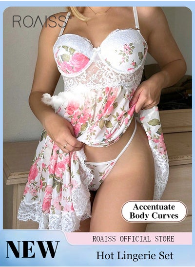 Buy Ladies Sleepwear Floral Print Contrast Lace Nightgown and Panty Set for Women in UAE