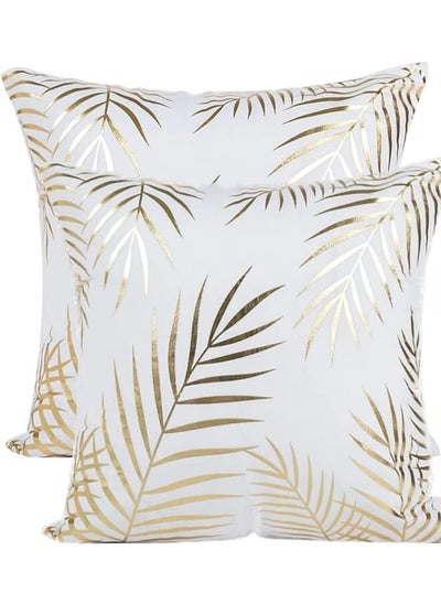 Buy 2 Cushion With Pillows White & Gold Leaves Pattern Modern Decorative Pillow Square Cushion Pillows For Bedroom Sofa Car 45X45 Cm Pillows Included in Saudi Arabia