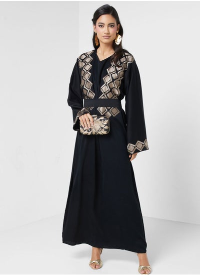 Buy Embroidered Belted Black Jalabiya in UAE