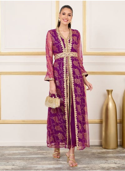 Buy Foil Print Embroidered Lace Detail Belted Kaftan in Saudi Arabia