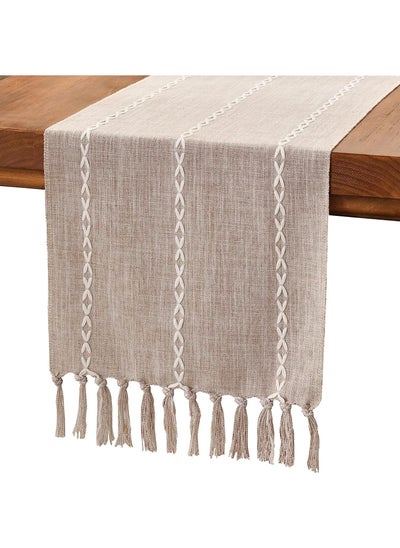 اشتري Rustic Linen Tablecloth Farmhouse Style Tablecloth 72" Long Embroidered Tablecloth with Handmade Tassels for Parties, Dresser Decor and Dining Room Decor (Beige, 13" x 72") في السعودية