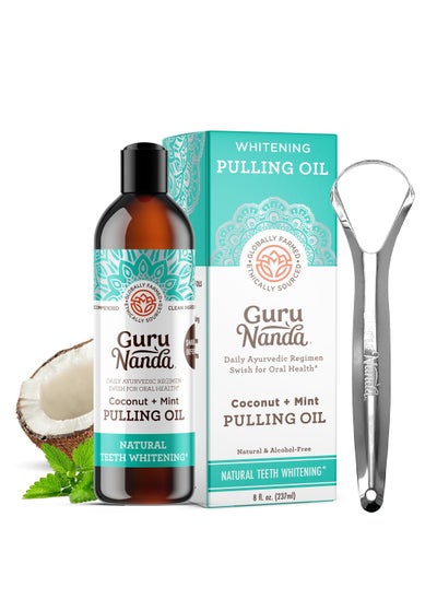 Buy GuruNanda Oil Pulling (8 Fl.Oz) with Coconut & Peppermint Oil with Tongue Scraper Inside the Box - Natural, Alcohol Free Mouthwash to Help With Fresh Breath, Teeth Whitening and Healthier Teeth & Gums in Saudi Arabia