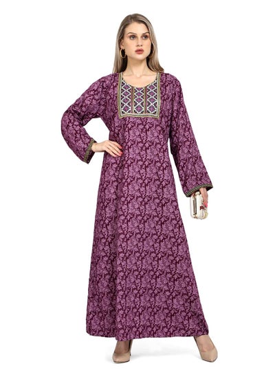 اشتري PRINTED AND EMBROIDERD PURPLE COLOUR CASUAL ARABIC KAFTAN JALABIYA DRESS في السعودية