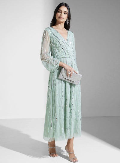 Buy Embellished Surplice Neck Mesh Dress in UAE